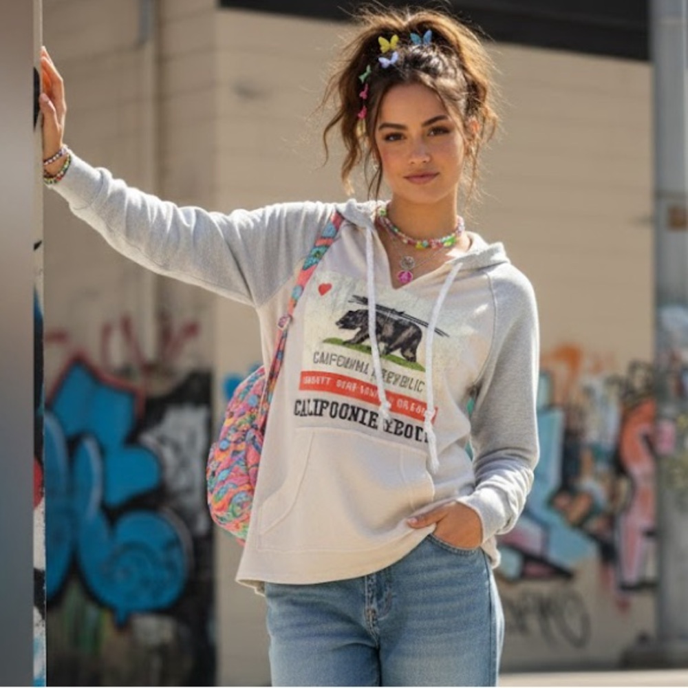Cali Love Heritage California Republic Hoodie Small Y2K Boho Surf Graphic Grey